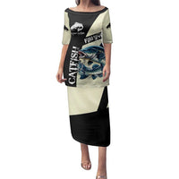 Catfish Fishing Customize Name Family Matching Puletasi and Hawaiian Shirt Splash Effect and Black Cream Split Design - Wonder Print Shop