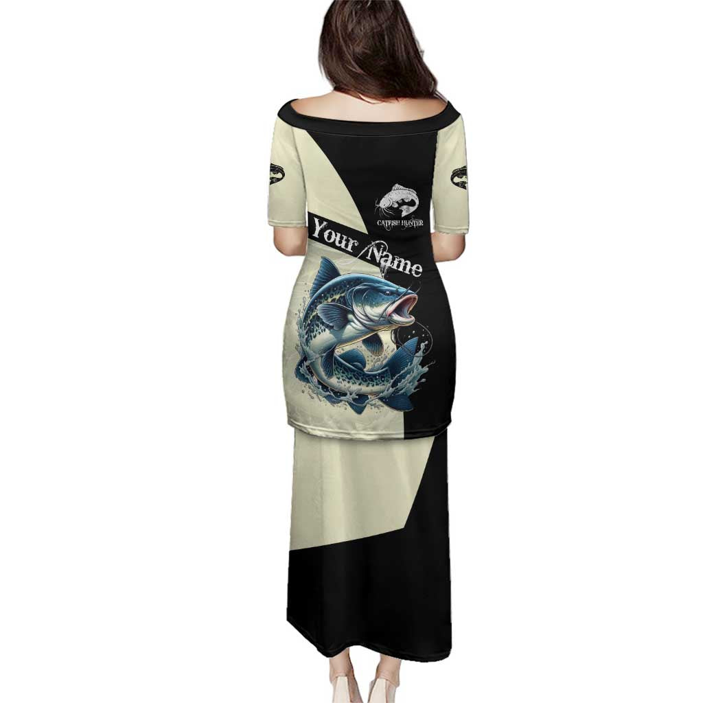 Catfish Fishing Customize Name Family Matching Puletasi and Hawaiian Shirt Splash Effect and Black Cream Split Design - Wonder Print Shop