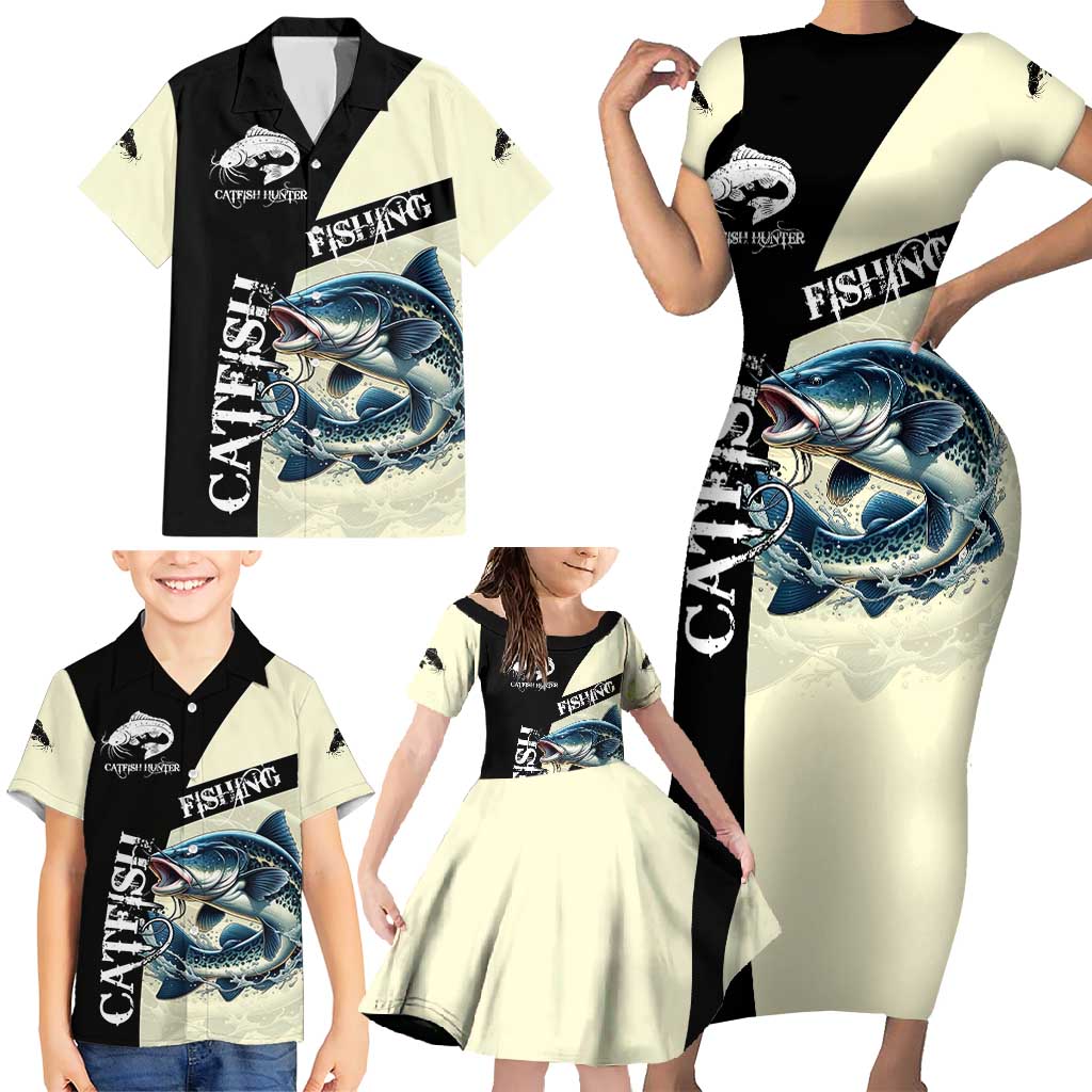 Catfish Fishing Customize Name Family Matching Short Sleeve Bodycon Dress and Hawaiian Shirt Splash Effect and Black Cream Split Design - Wonder Print Shop