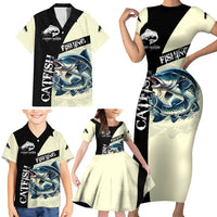 Catfish Fishing Customize Name Family Matching Short Sleeve Bodycon Dress and Hawaiian Shirt Splash Effect and Black Cream Split Design - Wonder Print Shop