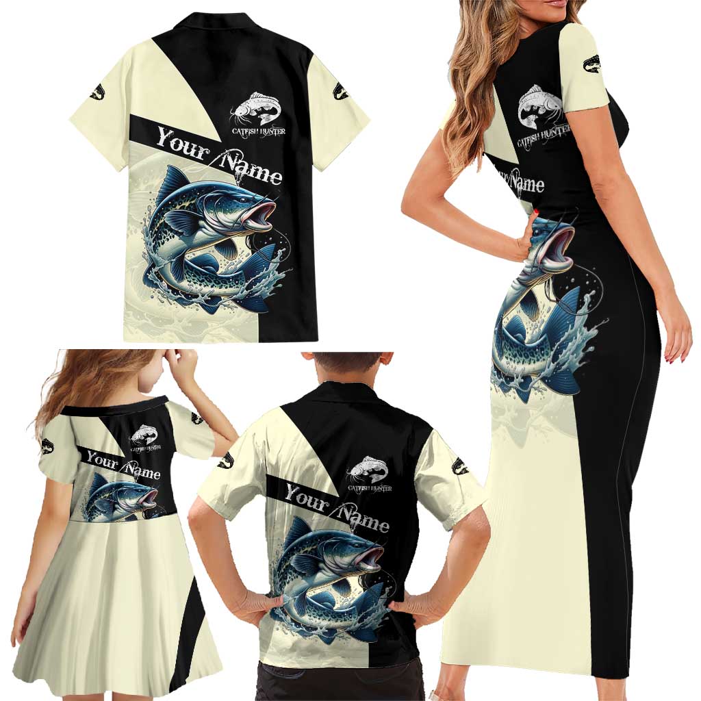 Catfish Fishing Customize Name Family Matching Short Sleeve Bodycon Dress and Hawaiian Shirt Splash Effect and Black Cream Split Design - Wonder Print Shop