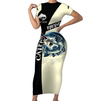 Catfish Fishing Customize Name Family Matching Short Sleeve Bodycon Dress and Hawaiian Shirt Splash Effect and Black Cream Split Design - Wonder Print Shop