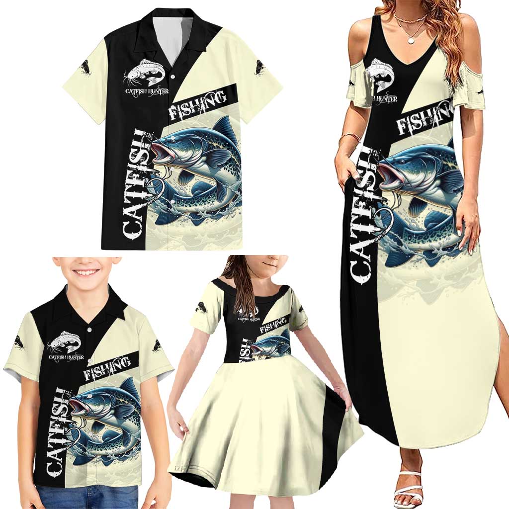 Catfish Fishing Customize Name Family Matching Summer Maxi Dress and Hawaiian Shirt Splash Effect and Black Cream Split Design - Wonder Print Shop