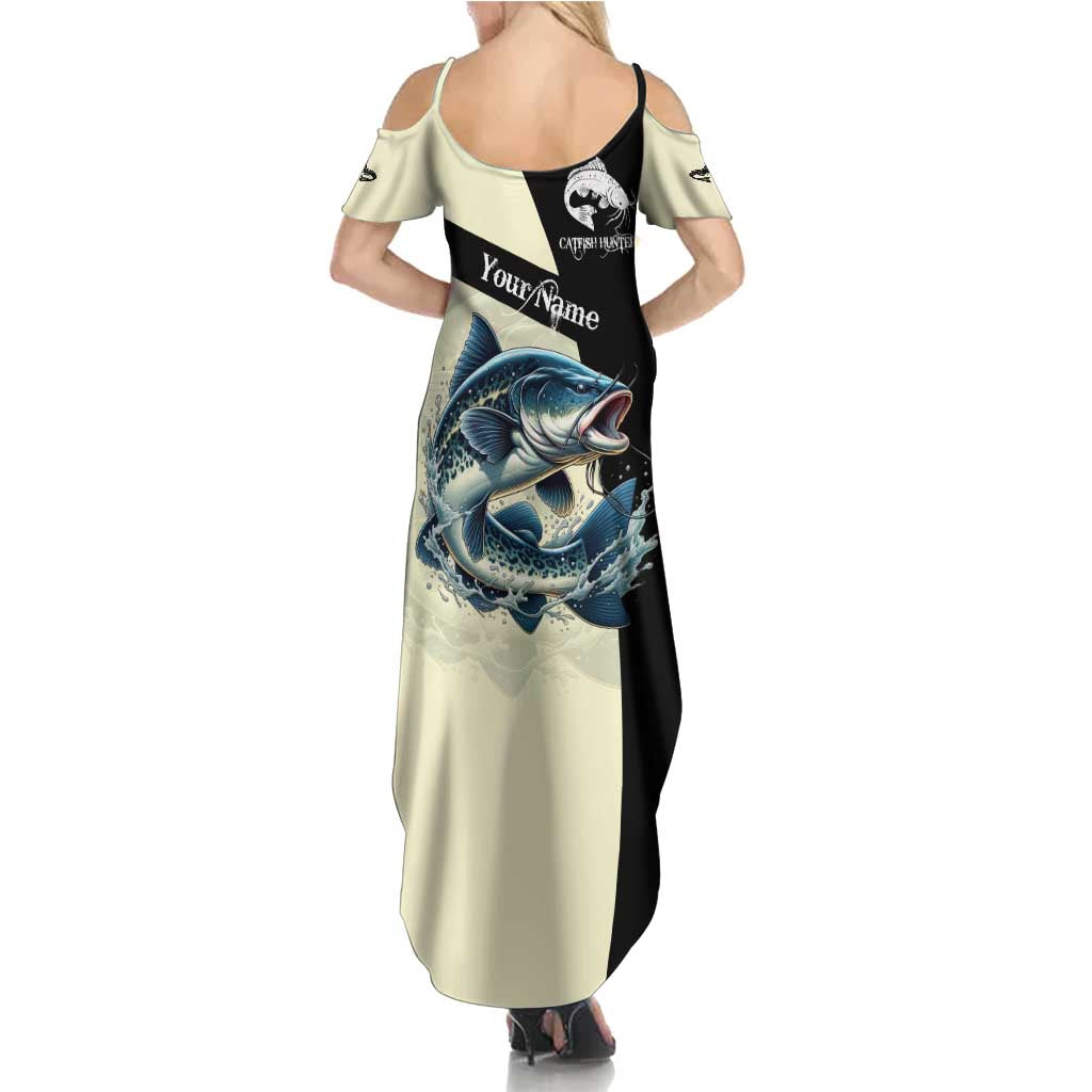 Catfish Fishing Customize Name Family Matching Summer Maxi Dress and Hawaiian Shirt Splash Effect and Black Cream Split Design - Wonder Print Shop