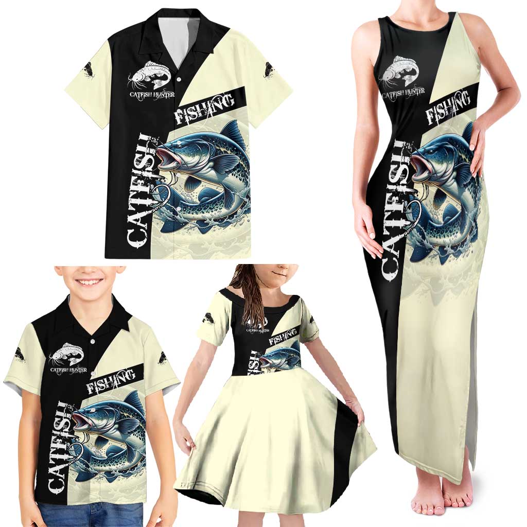 Catfish Fishing Customize Name Family Matching Tank Maxi Dress and Hawaiian Shirt Splash Effect and Black Cream Split Design - Wonder Print Shop