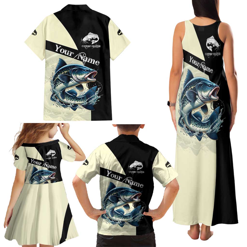 Catfish Fishing Customize Name Family Matching Tank Maxi Dress and Hawaiian Shirt Splash Effect and Black Cream Split Design - Wonder Print Shop