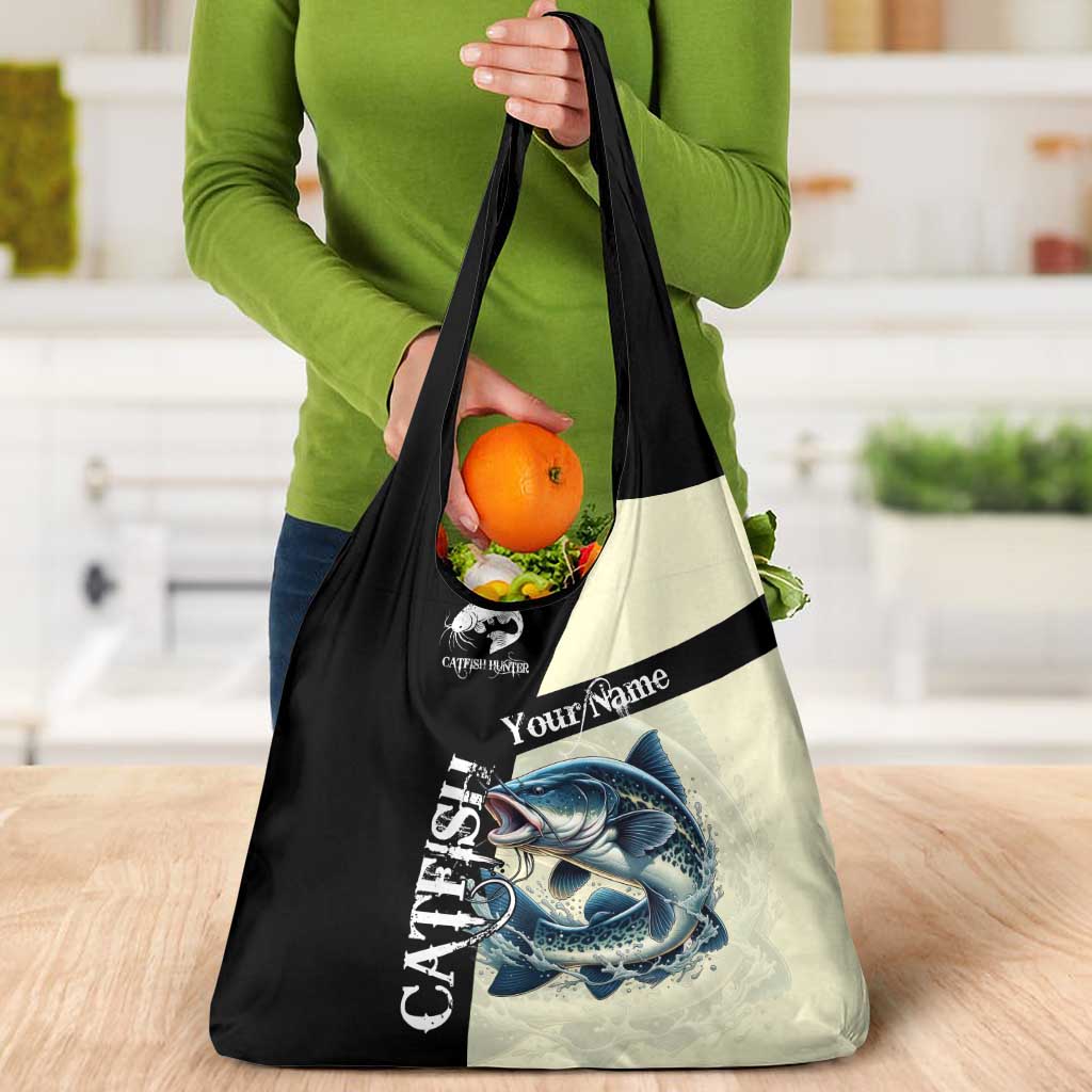 Catfish Fishing Customize Name Grocery Bag Splash Effect and Black Cream Split Design - Wonder Print Shop