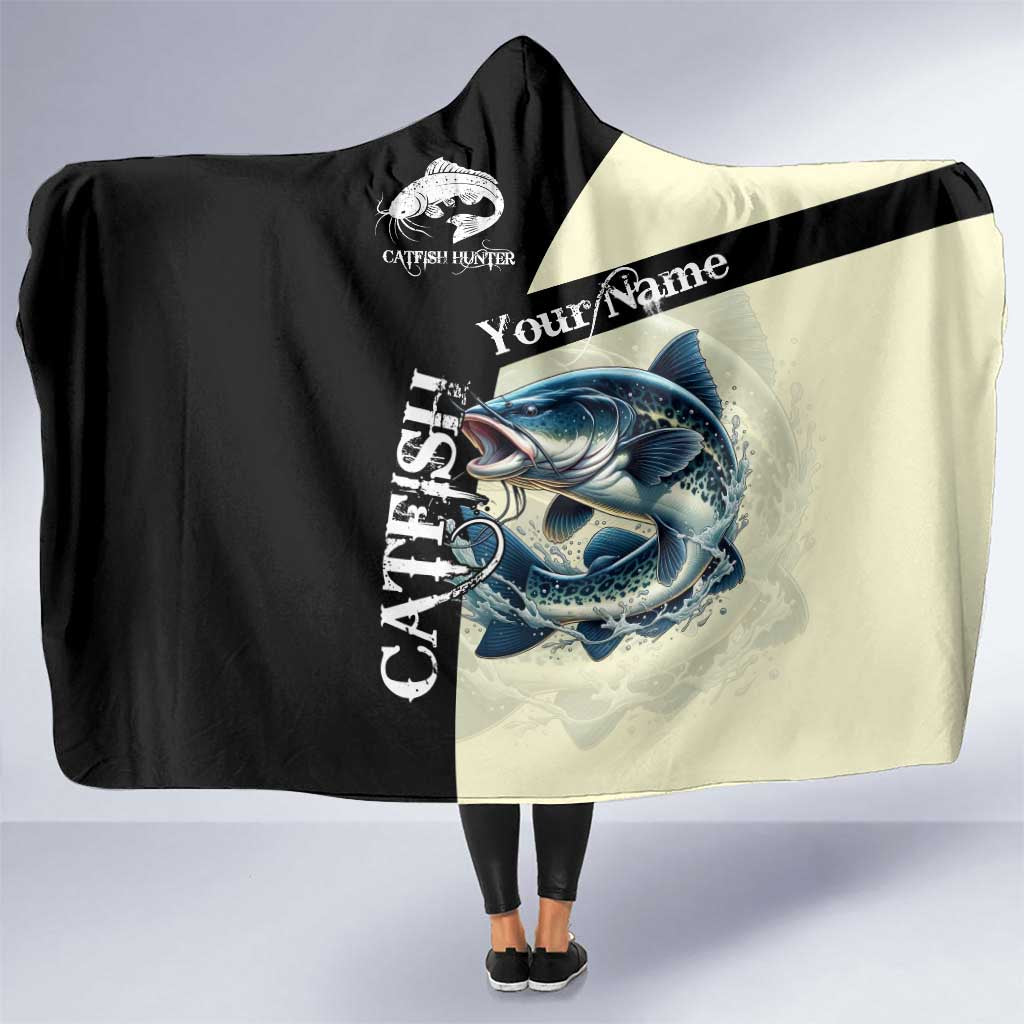 Catfish Fishing Customize Name Hooded Blanket Splash Effect and Black Cream Split Design - Wonder Print Shop