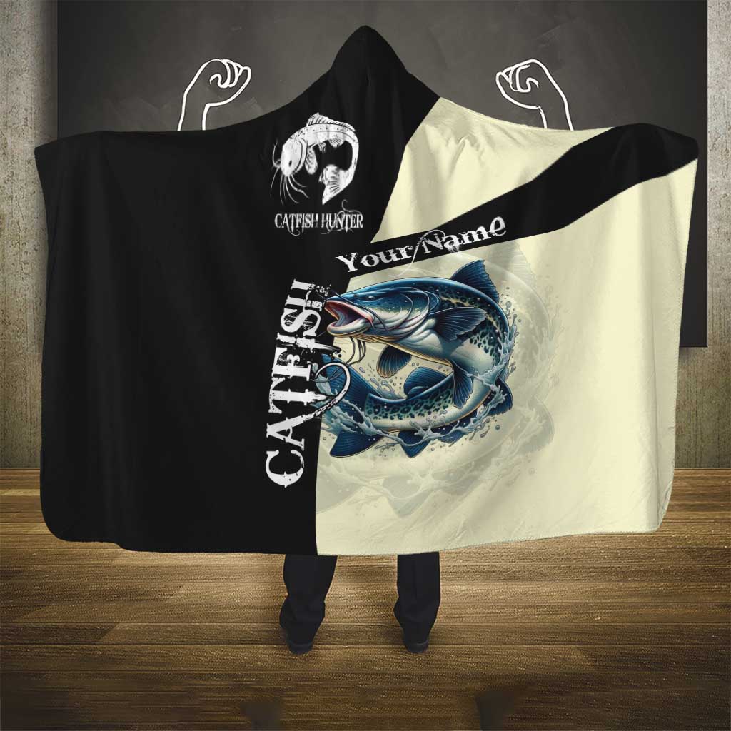 Catfish Fishing Customize Name Hooded Blanket Splash Effect and Black Cream Split Design - Wonder Print Shop