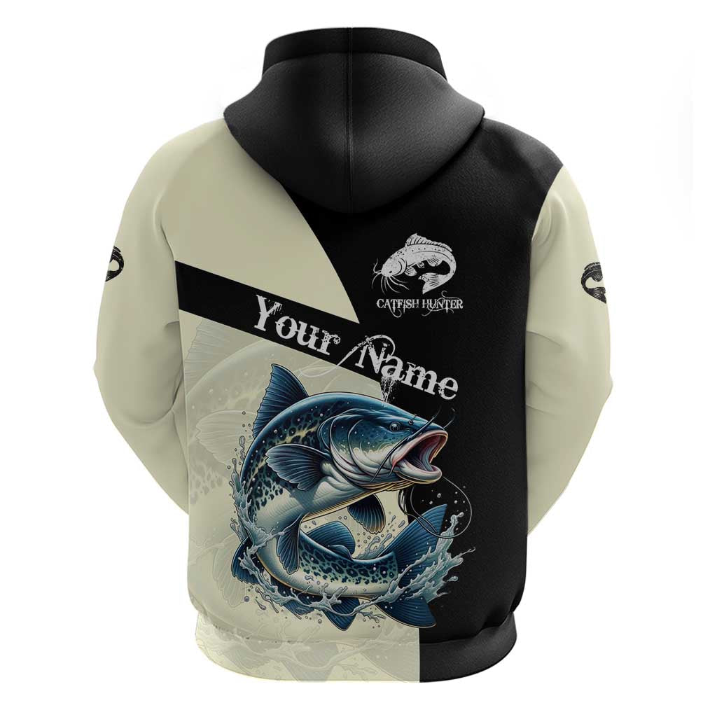 Catfish Fishing Customize Name Hoodie Splash Effect and Black Cream Split Design - Wonder Print Shop