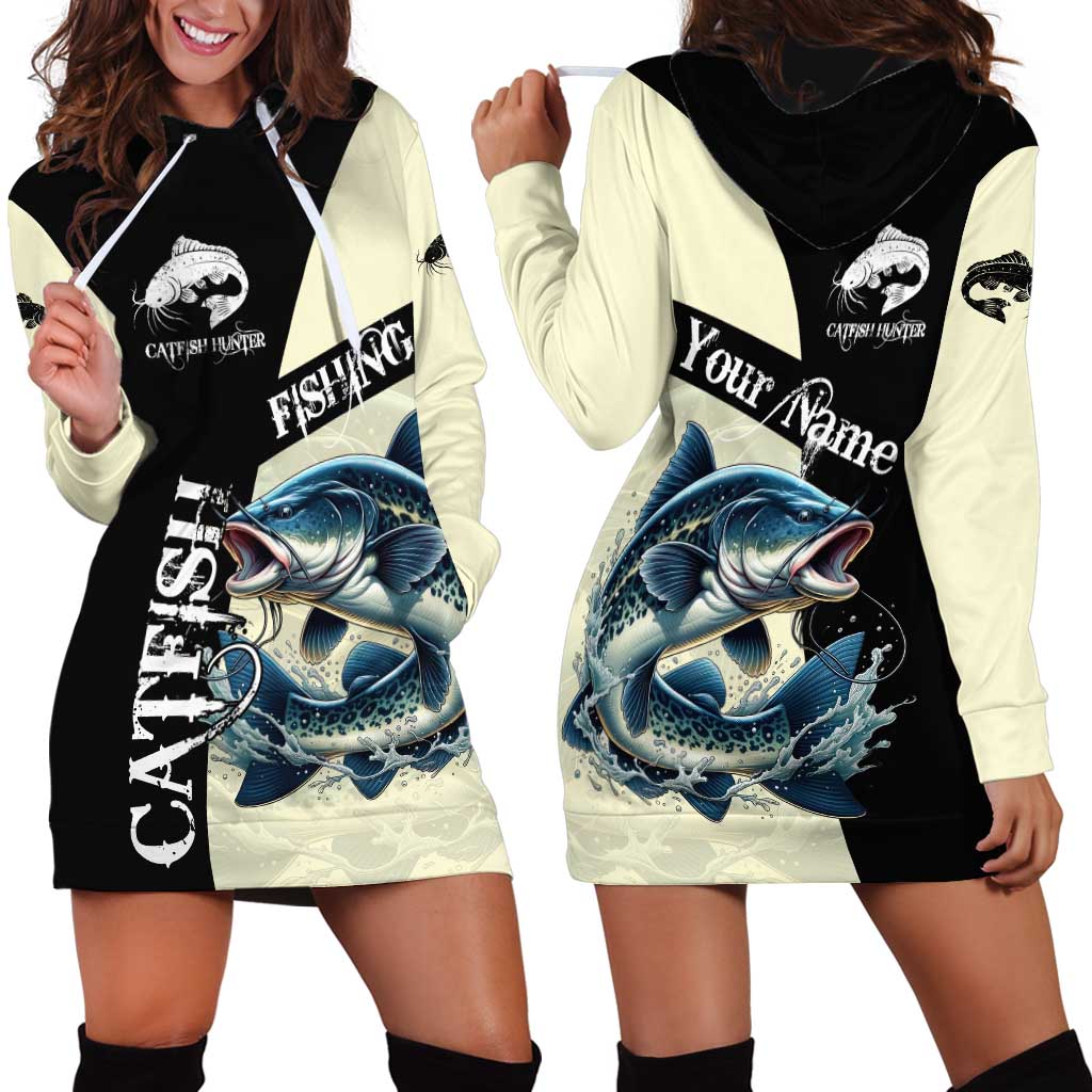Catfish Fishing Customize Name Hoodie Dress Splash Effect and Black Cream Split Design - Wonder Print Shop