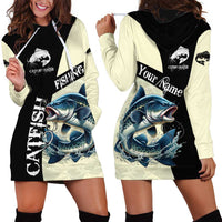 Catfish Fishing Customize Name Hoodie Dress Splash Effect and Black Cream Split Design - Wonder Print Shop