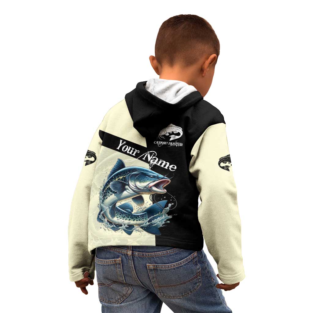 Catfish Fishing Customize Name Kid Hoodie Splash Effect and Black Cream Split Design - Wonder Print Shop
