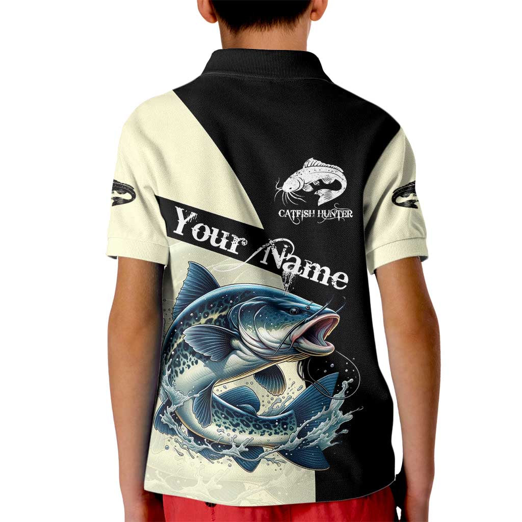 Catfish Fishing Customize Name Kid Polo Shirt Splash Effect and Black Cream Split Design - Wonder Print Shop