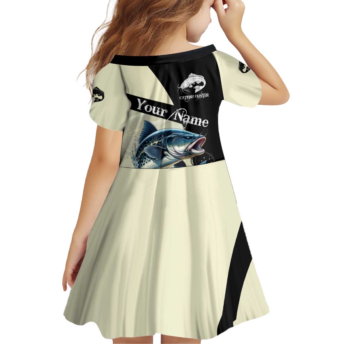 Catfish Fishing Customize Name Kid Short Sleeve Dress Splash Effect and Black Cream Split Design - Wonder Print Shop