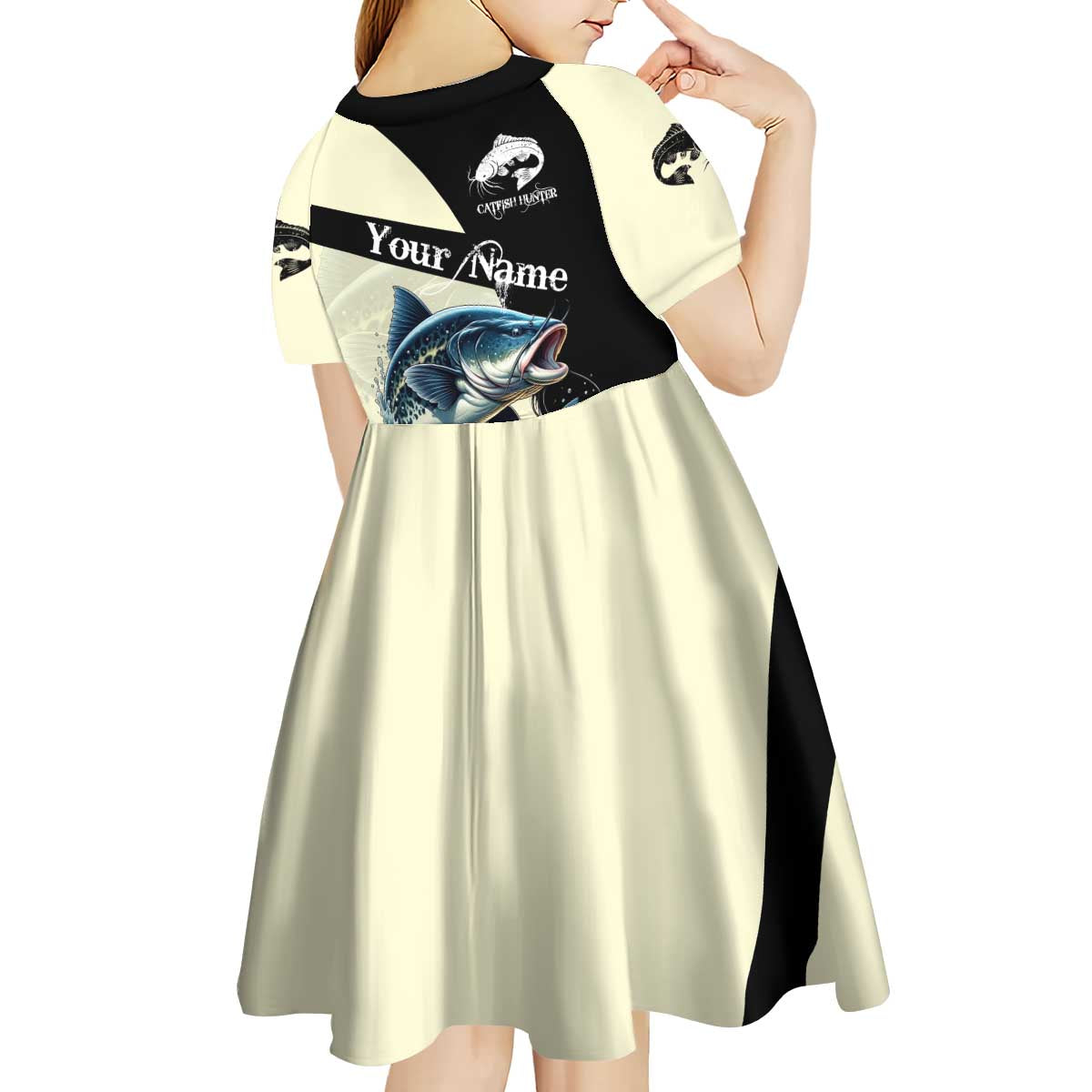 Catfish Fishing Customize Name Kid Short Sleeve Dress Splash Effect and Black Cream Split Design - Wonder Print Shop