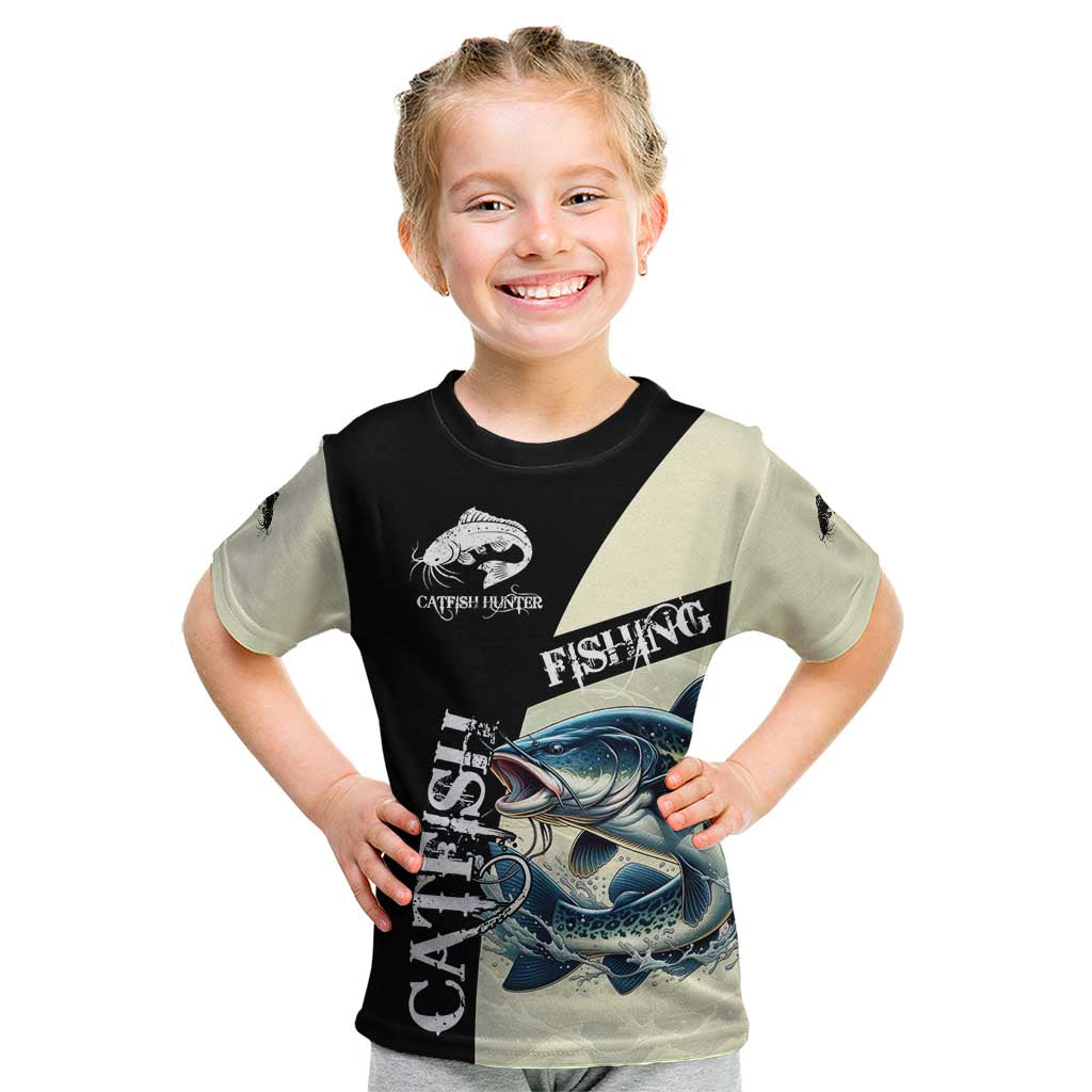 Catfish Fishing Customize Name Kid T Shirt Splash Effect and Black Cream Split Design - Wonder Print Shop