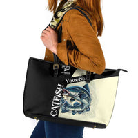 Catfish Fishing Customize Name Leather Tote Bag Splash Effect and Black Cream Split Design - Wonder Print Shop