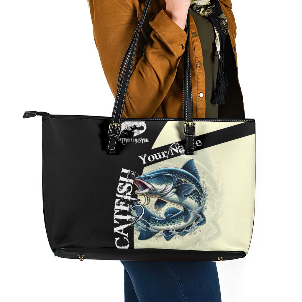 Catfish Fishing Customize Name Leather Tote Bag Splash Effect and Black Cream Split Design - Wonder Print Shop