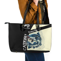 Catfish Fishing Customize Name Leather Tote Bag Splash Effect and Black Cream Split Design - Wonder Print Shop