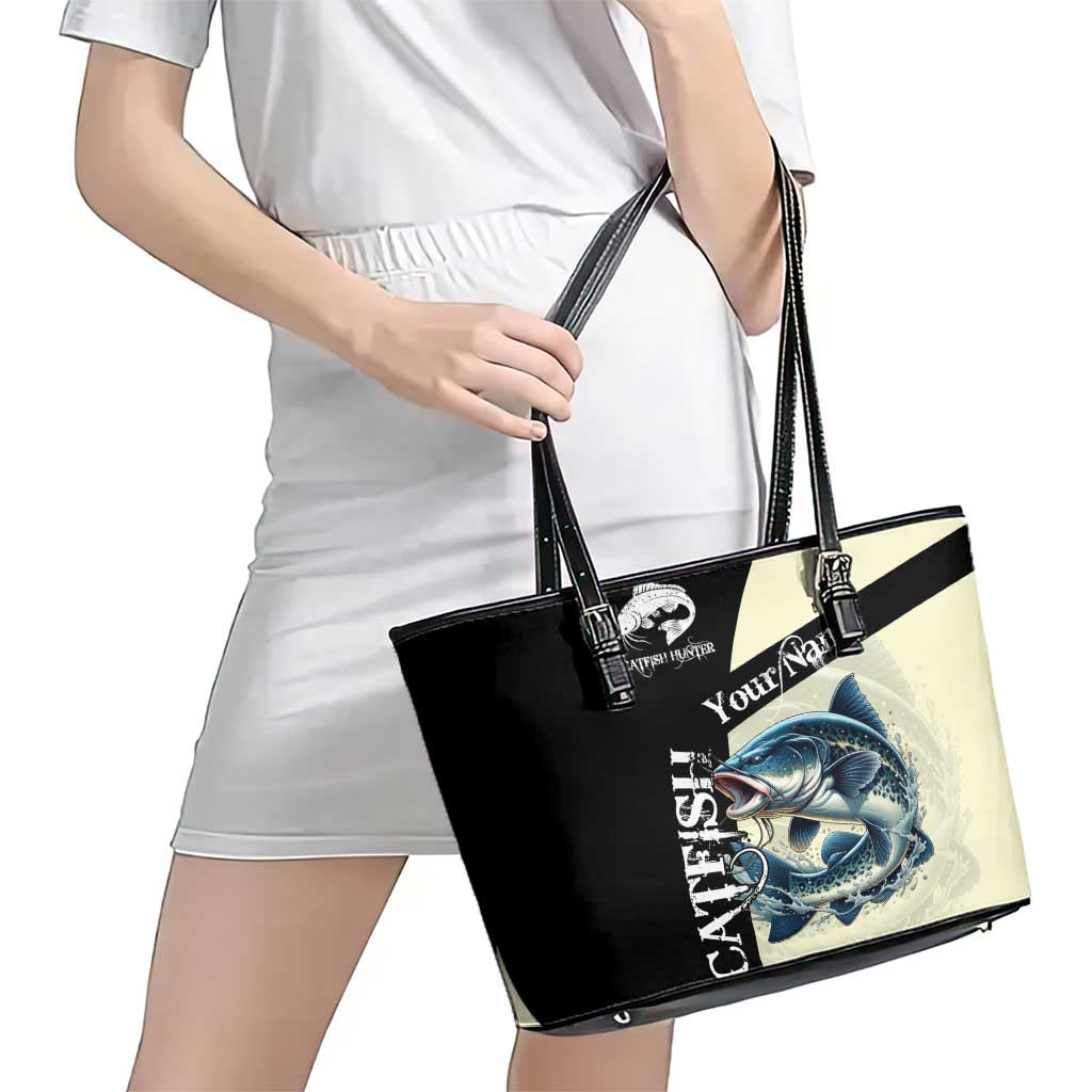 Catfish Fishing Customize Name Leather Tote Bag Splash Effect and Black Cream Split Design - Wonder Print Shop