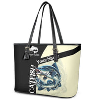 Catfish Fishing Customize Name Leather Tote Bag Splash Effect and Black Cream Split Design - Wonder Print Shop