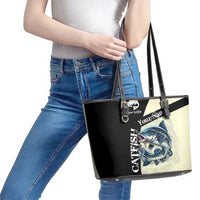 Catfish Fishing Customize Name Leather Tote Bag Splash Effect and Black Cream Split Design - Wonder Print Shop
