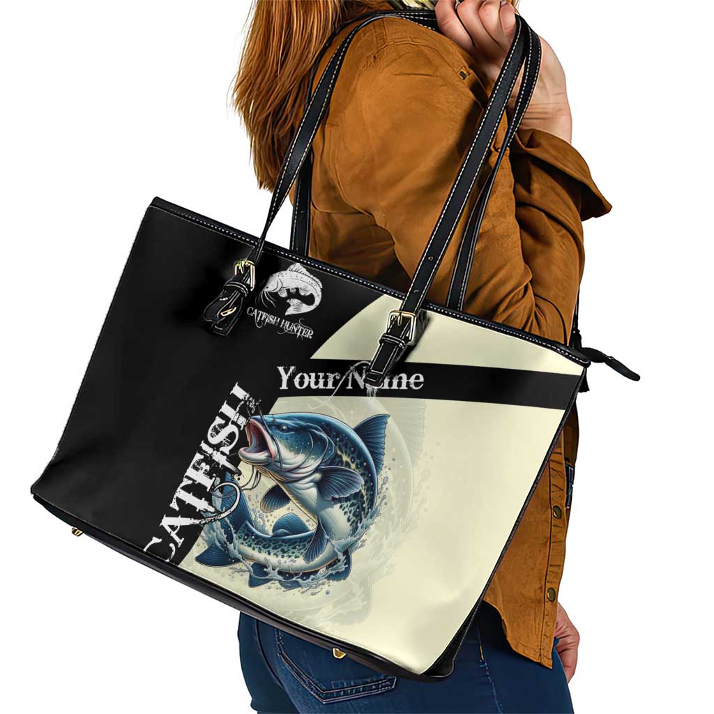 Catfish Fishing Customize Name Leather Tote Bag Splash Effect and Black Cream Split Design - Wonder Print Shop