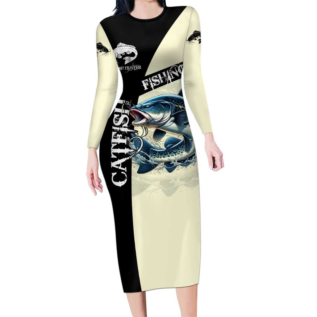 Catfish Fishing Customize Name Long Sleeve Bodycon Dress Splash Effect and Black Cream Split Design - Wonder Print Shop