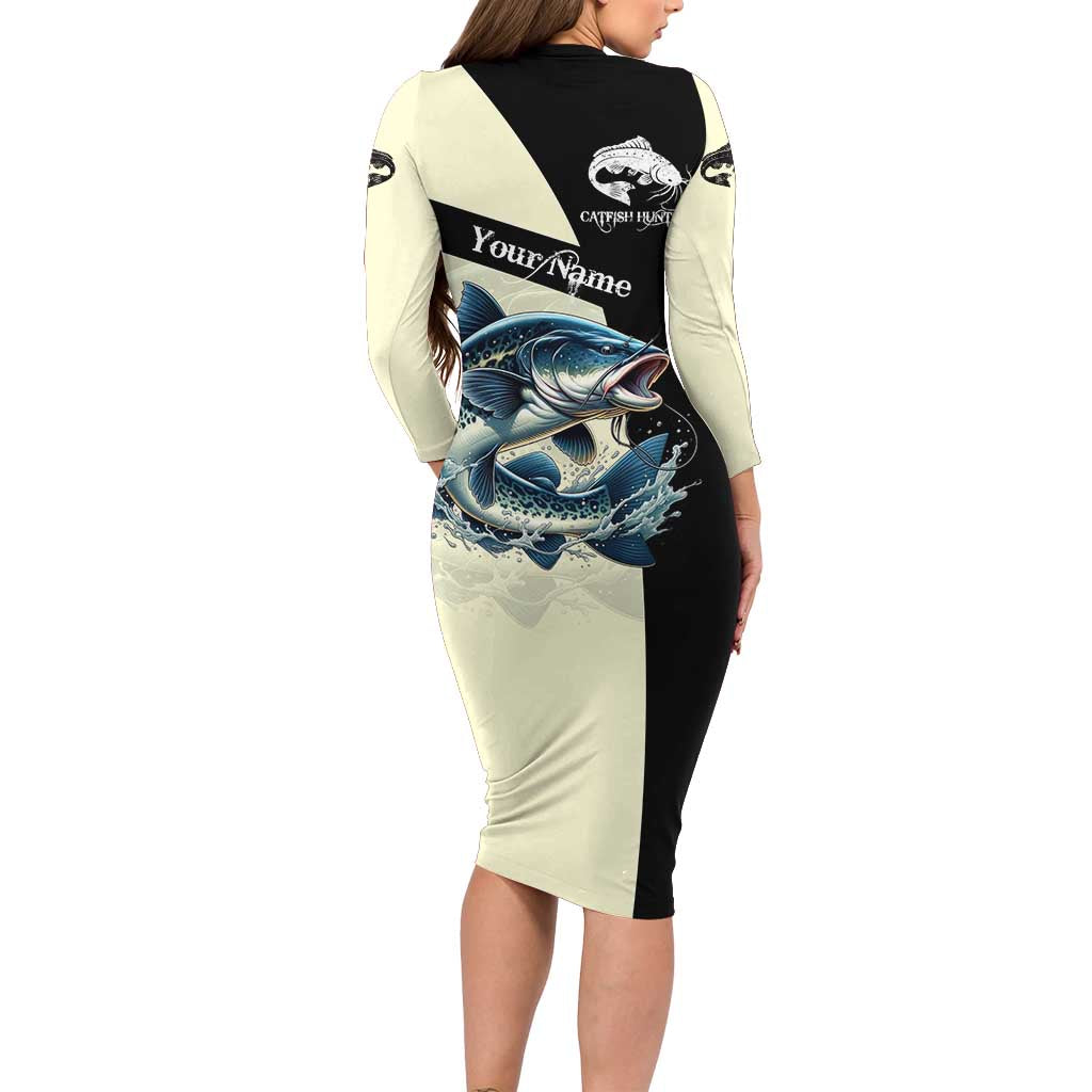 Catfish Fishing Customize Name Long Sleeve Bodycon Dress Splash Effect and Black Cream Split Design - Wonder Print Shop