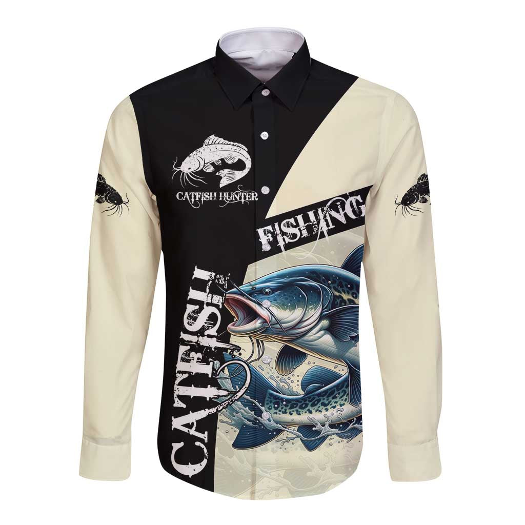 Catfish Fishing Customize Name Long Sleeve Button Shirt Splash Effect and Black Cream Split Design - Wonder Print Shop