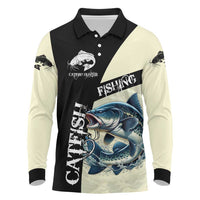 Catfish Fishing Customize Name Long Sleeve Polo Shirt Splash Effect and Black Cream Split Design - Wonder Print Shop