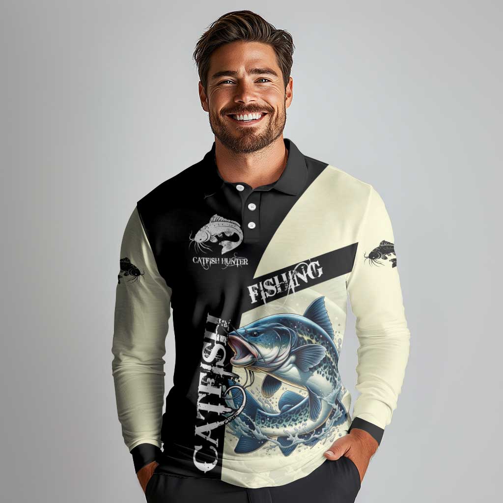 Catfish Fishing Customize Name Long Sleeve Polo Shirt Splash Effect and Black Cream Split Design - Wonder Print Shop