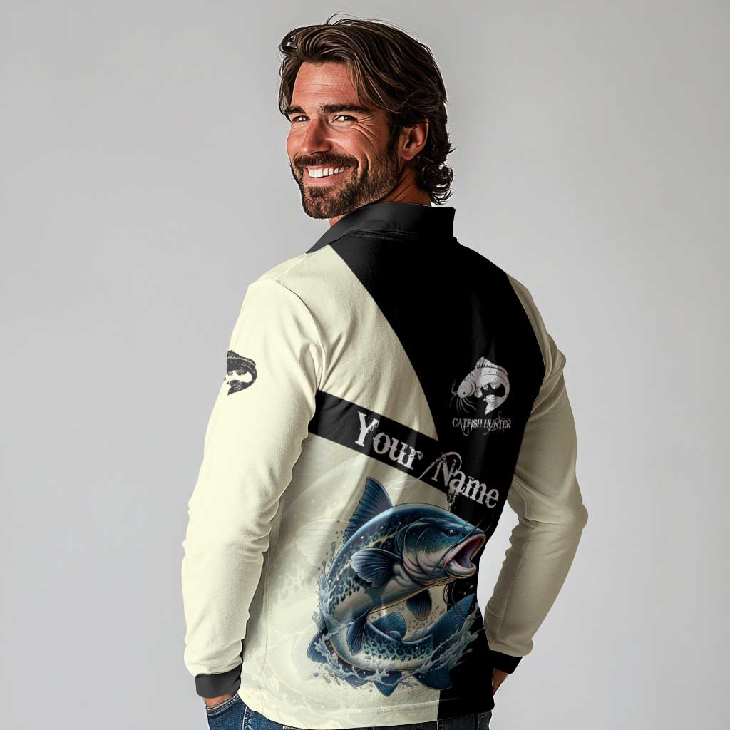 Catfish Fishing Customize Name Long Sleeve Polo Shirt Splash Effect and Black Cream Split Design - Wonder Print Shop