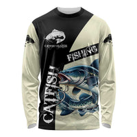 Catfish Fishing Customize Name Long Sleeve Shirt Splash Effect and Black Cream Split Design - Wonder Print Shop