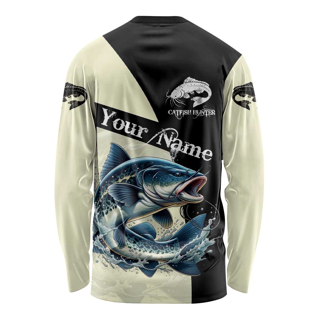 Catfish Fishing Customize Name Long Sleeve Shirt Splash Effect and Black Cream Split Design - Wonder Print Shop