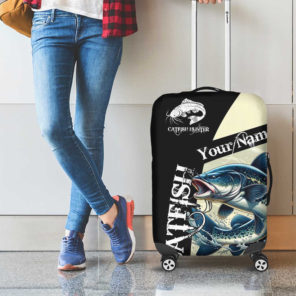 Catfish Fishing Customize Name Luggage Cover Splash Effect and Black Cream Split Design - Wonder Print Shop