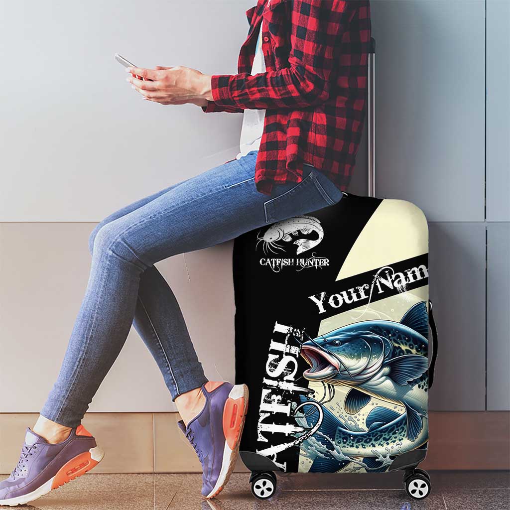 Catfish Fishing Customize Name Luggage Cover Splash Effect and Black Cream Split Design - Wonder Print Shop