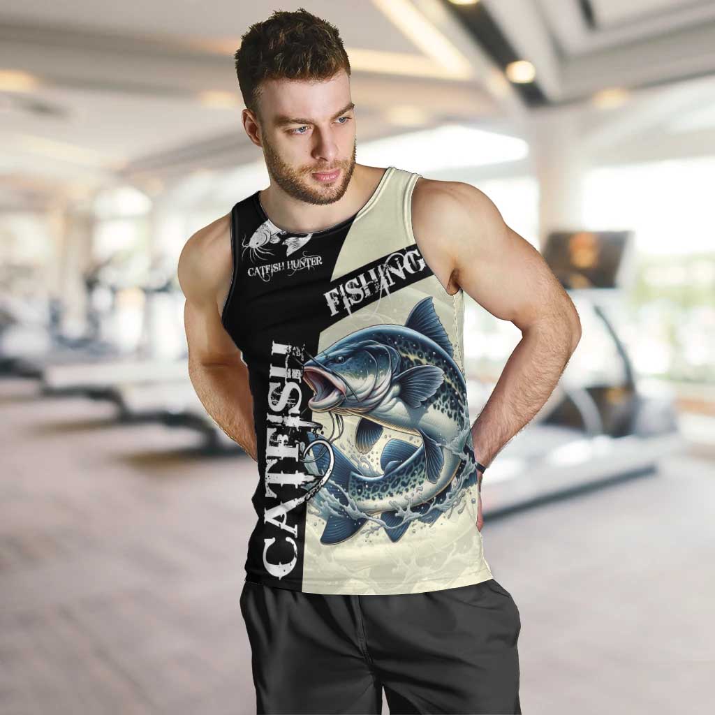 Catfish Fishing Customize Name Men Tank Top Splash Effect and Black Cream Split Design - Wonder Print Shop
