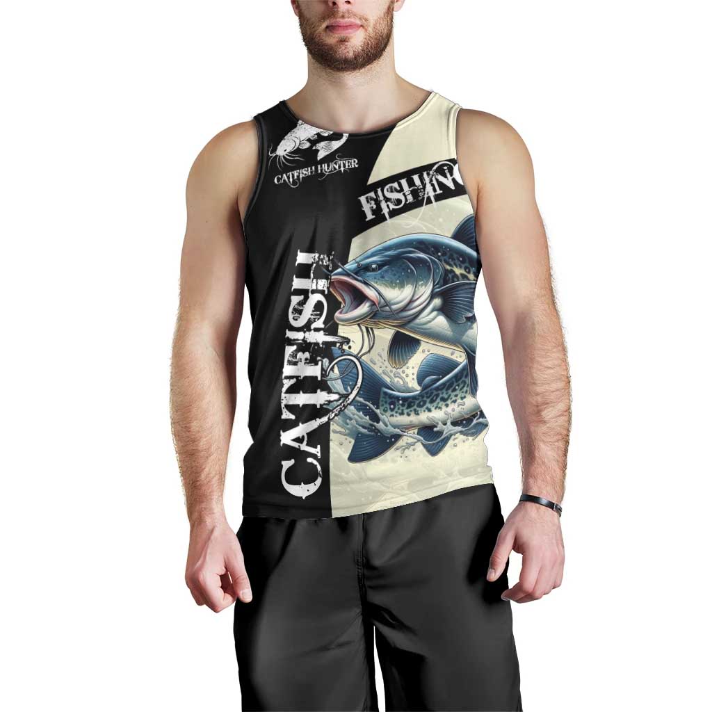Catfish Fishing Customize Name Men Tank Top Splash Effect and Black Cream Split Design - Wonder Print Shop