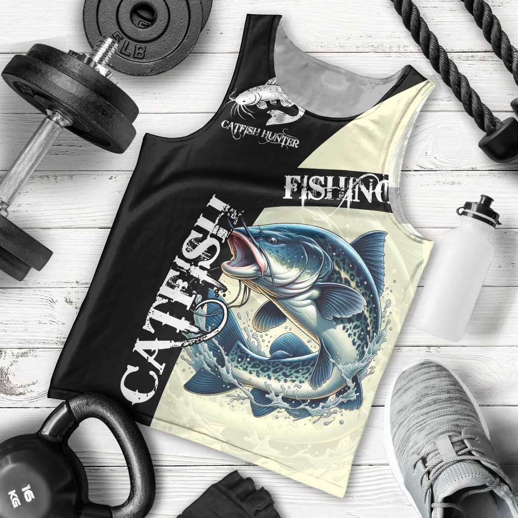 Catfish Fishing Customize Name Men Tank Top Splash Effect and Black Cream Split Design - Wonder Print Shop