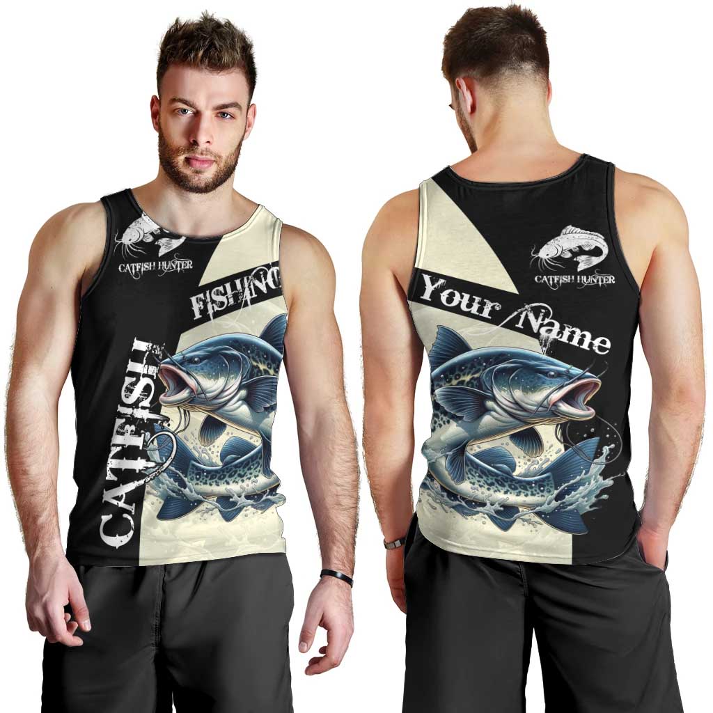Catfish Fishing Customize Name Men Tank Top Splash Effect and Black Cream Split Design - Wonder Print Shop