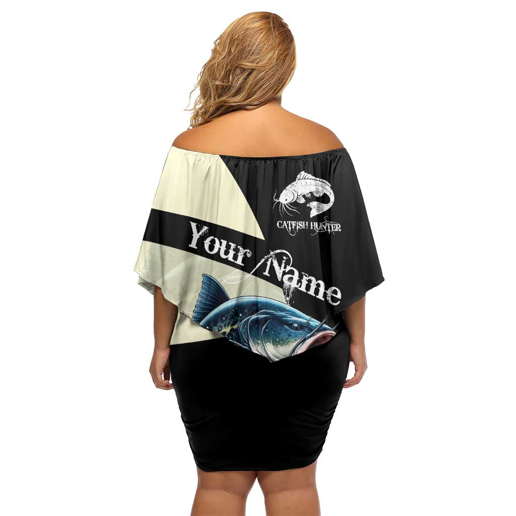 Catfish Fishing Customize Name Off Shoulder Short Dress Splash Effect and Black Cream Split Design - Wonder Print Shop