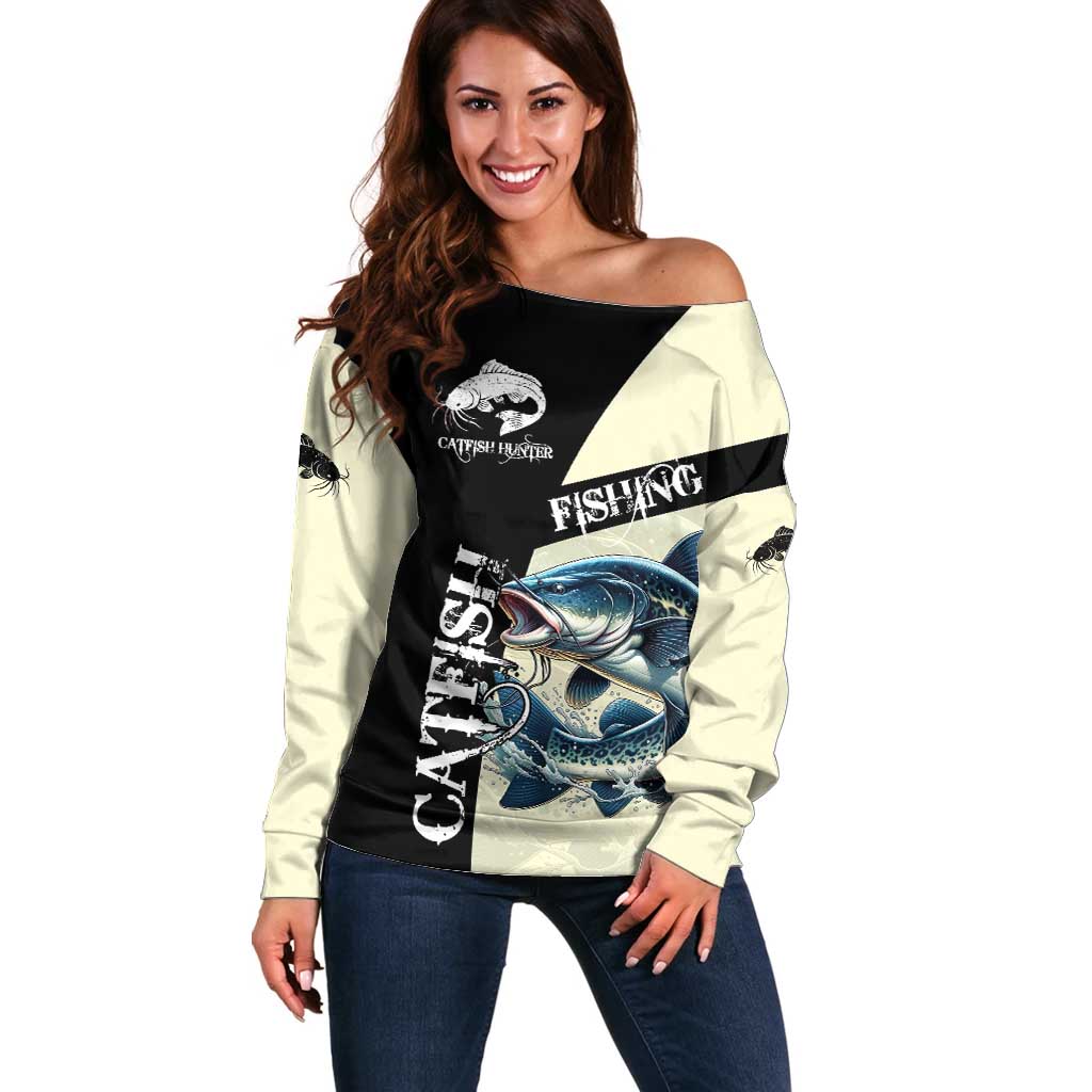 Catfish Fishing Customize Name Off Shoulder Sweater Splash Effect and Black Cream Split Design - Wonder Print Shop
