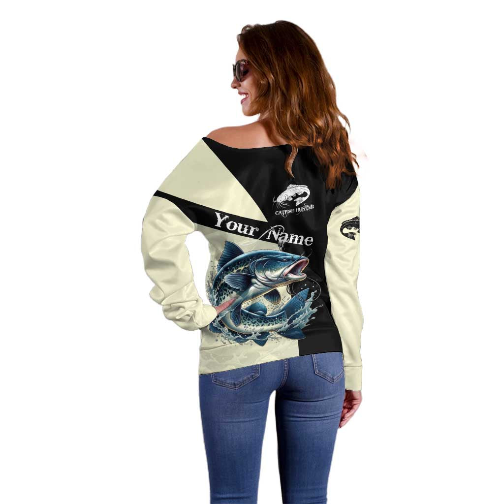 Catfish Fishing Customize Name Off Shoulder Sweater Splash Effect and Black Cream Split Design - Wonder Print Shop