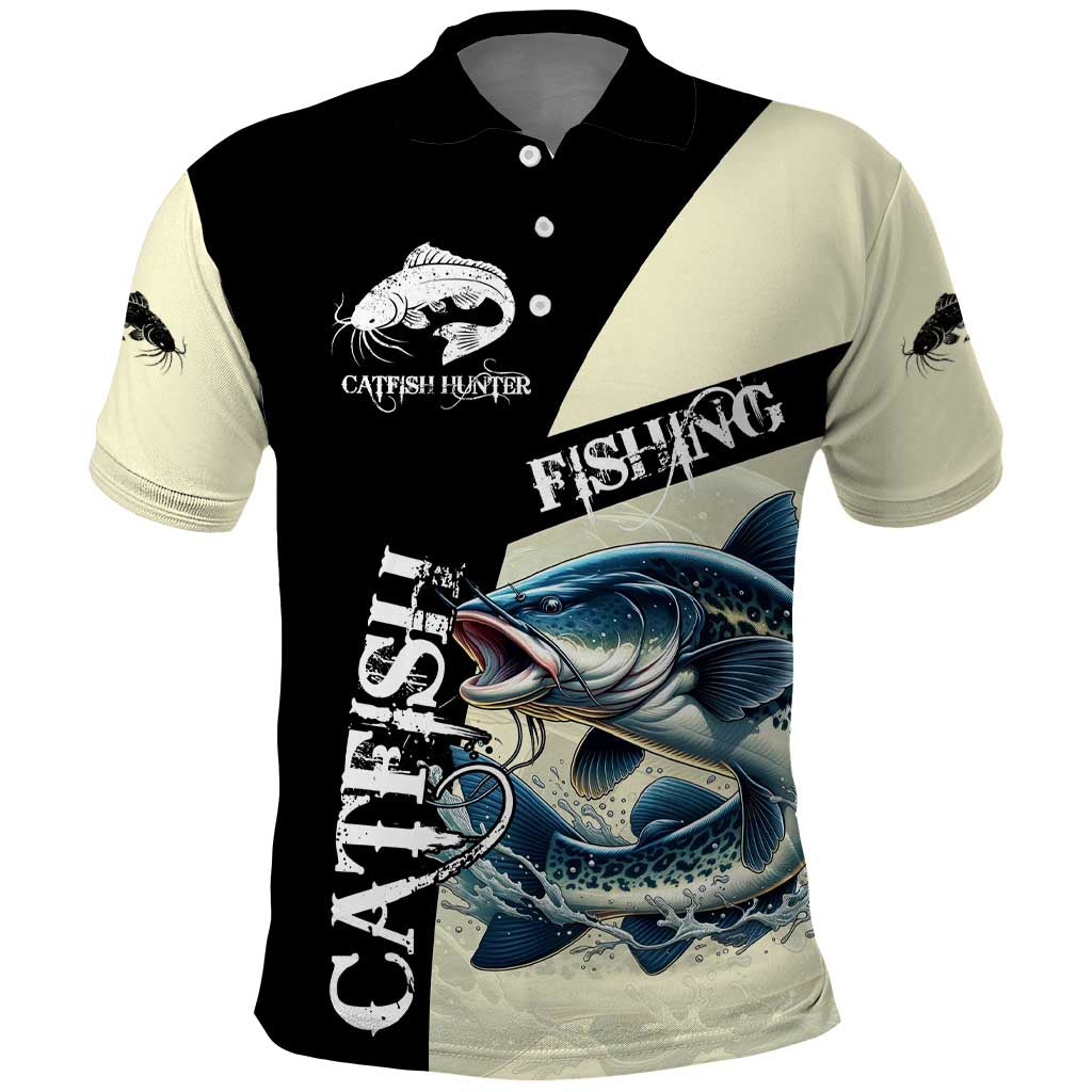 Catfish Fishing Customize Name Polo Shirt Splash Effect and Black Cream Split Design - Wonder Print Shop