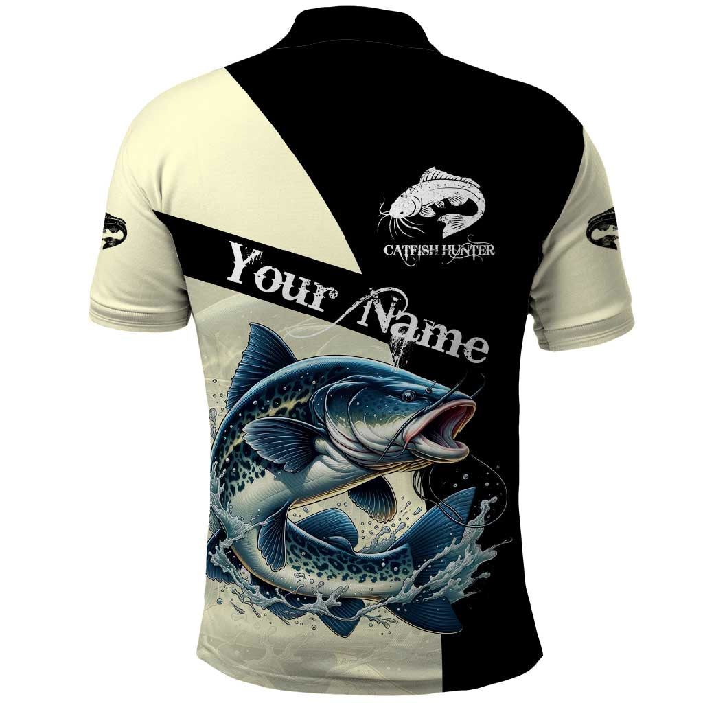 Catfish Fishing Customize Name Polo Shirt Splash Effect and Black Cream Split Design - Wonder Print Shop