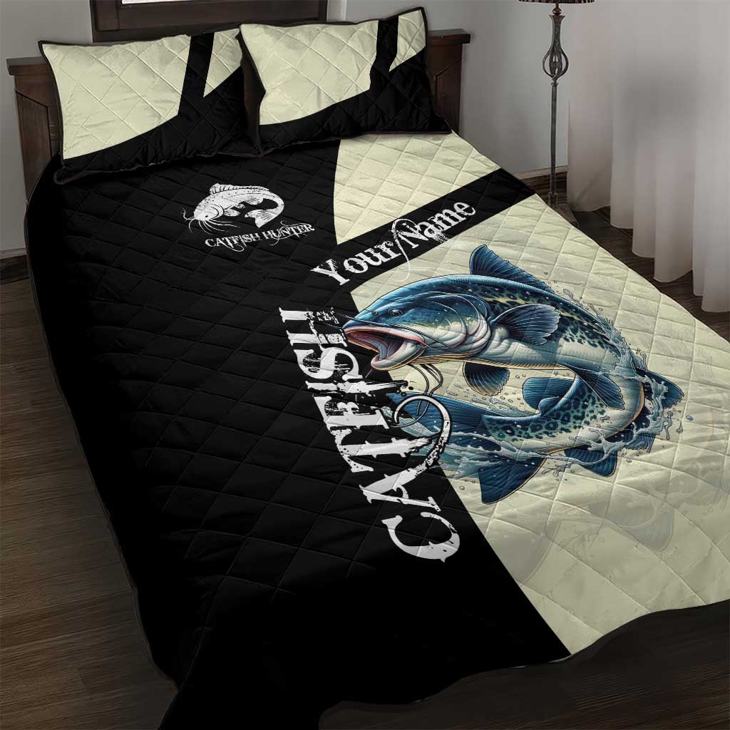 Catfish Fishing Customize Name Quilt Bed Set Splash Effect and Black Cream Split Design - Wonder Print Shop