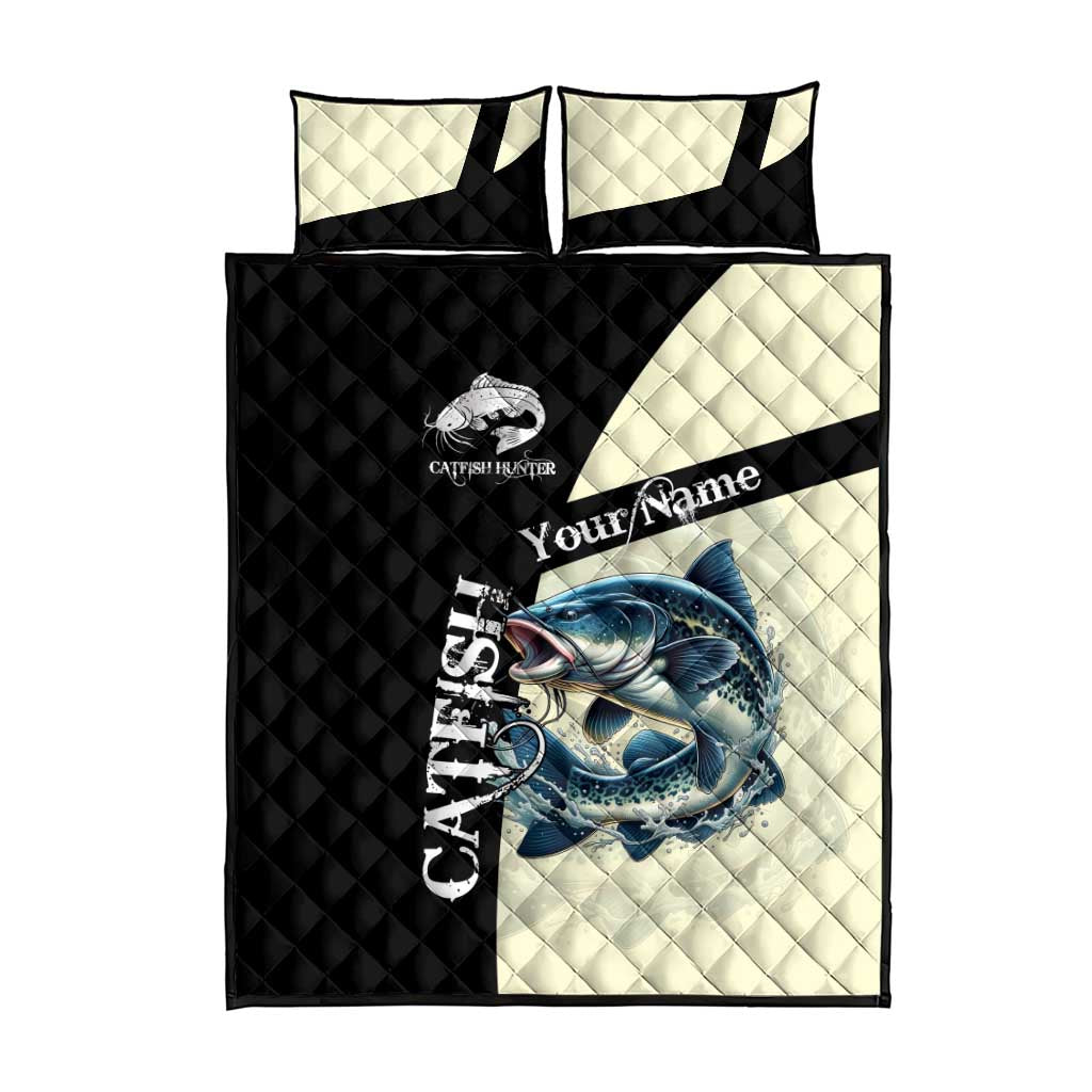 Catfish Fishing Customize Name Quilt Bed Set Splash Effect and Black Cream Split Design - Wonder Print Shop