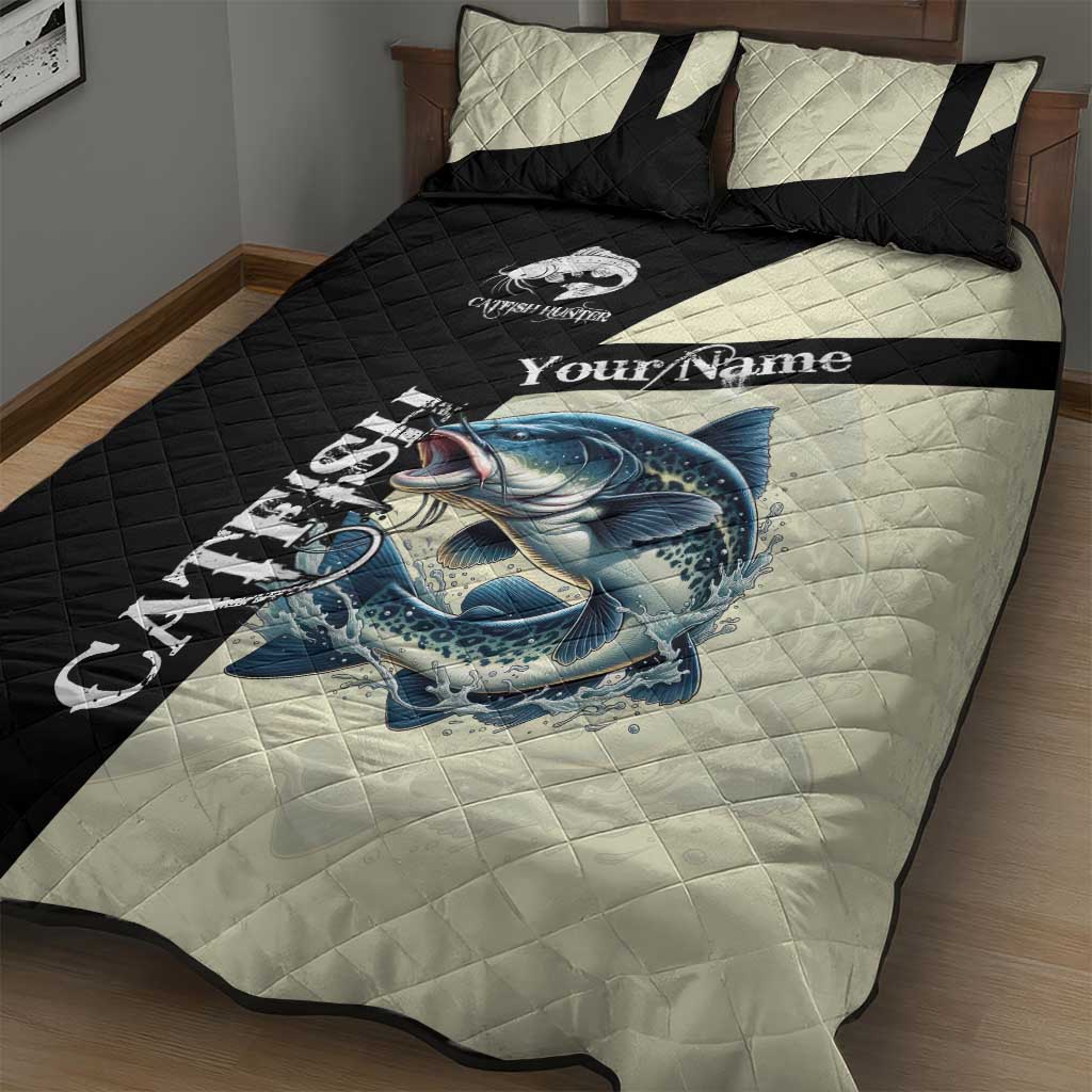 Catfish Fishing Customize Name Quilt Bed Set Splash Effect and Black Cream Split Design - Wonder Print Shop